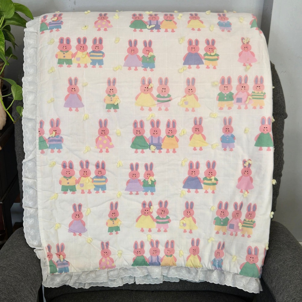 VTG Handmade Rabbit Quilt Pink Baby Blanket Ruffle Cottagecore Nursery 43x68